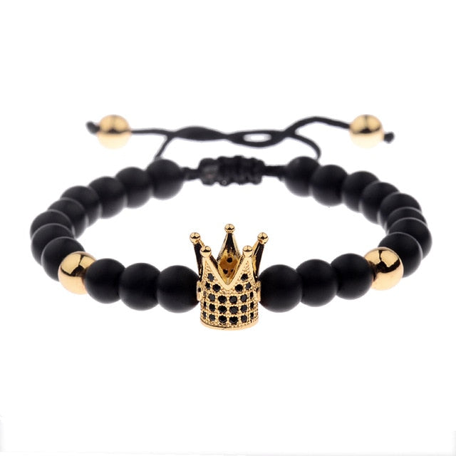 6mm Natural Stone Crown Black Zircon Rope Braided Luxurious Bracelet