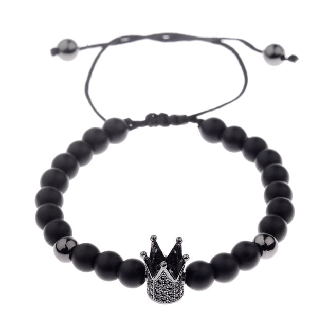 6mm Natural Stone Crown Black Zircon Rope Braided Luxurious Bracelet