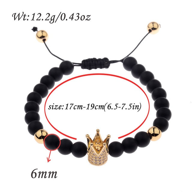 6mm Natural Stone Crown Black Zircon Rope Braided Luxurious Bracelet