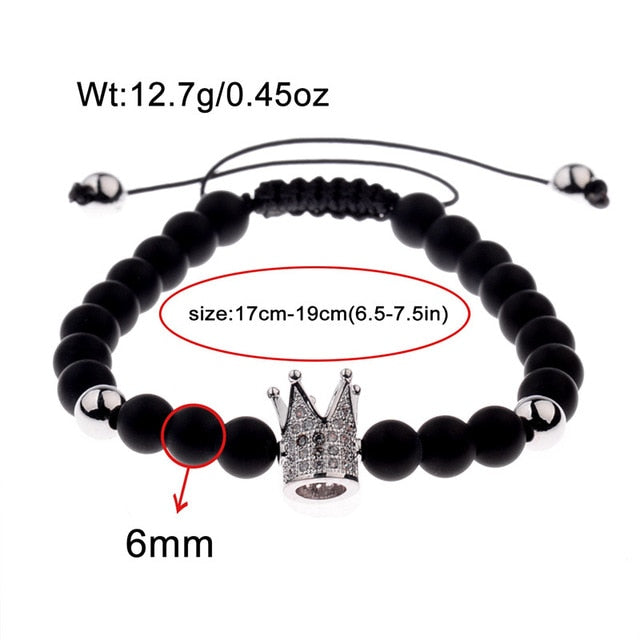 6mm Natural Stone Crown Black Zircon Rope Braided Luxurious Bracelet