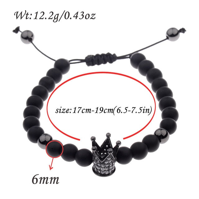 6mm Natural Stone Crown Black Zircon Rope Braided Luxurious Bracelet
