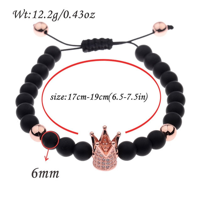 6mm Natural Stone Crown Black Zircon Rope Braided Luxurious Bracelet