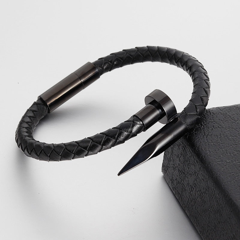 Genuine Leather Bracelet for Men Women Nail Design Stainless Steel Magnetic Clasp