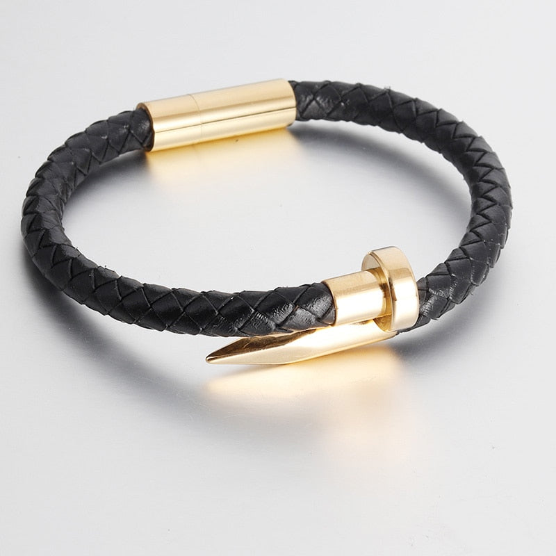 Genuine Leather Bracelet for Men Women Nail Design Stainless Steel Magnetic Clasp