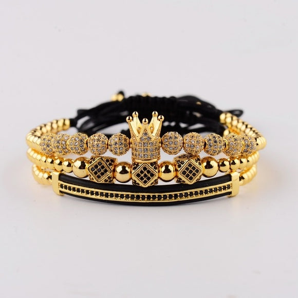 3pcs/set Luxury CZ ball Crown Charm Copper Bead Macrame Bracelets