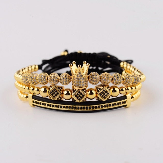 3pcs/set Luxury CZ ball Crown Charm Copper Bead Macrame Bracelets