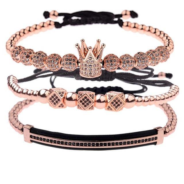 3pcs/set Luxury CZ ball Crown Charm Copper Bead Macrame Bracelets