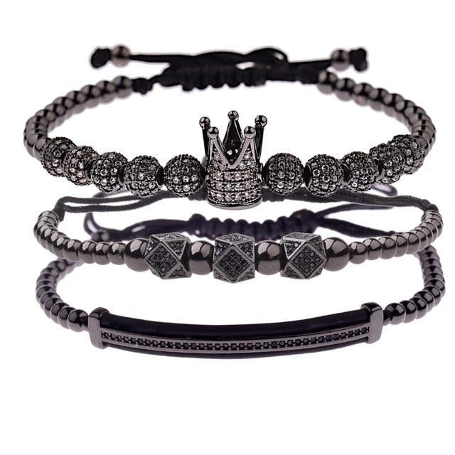 3pcs/set Luxury CZ ball Crown Charm Copper Bead Macrame Bracelets