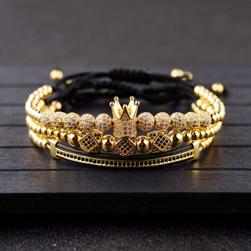 3pcs/set Luxury CZ ball Crown Charm Copper Bead Macrame Bracelets
