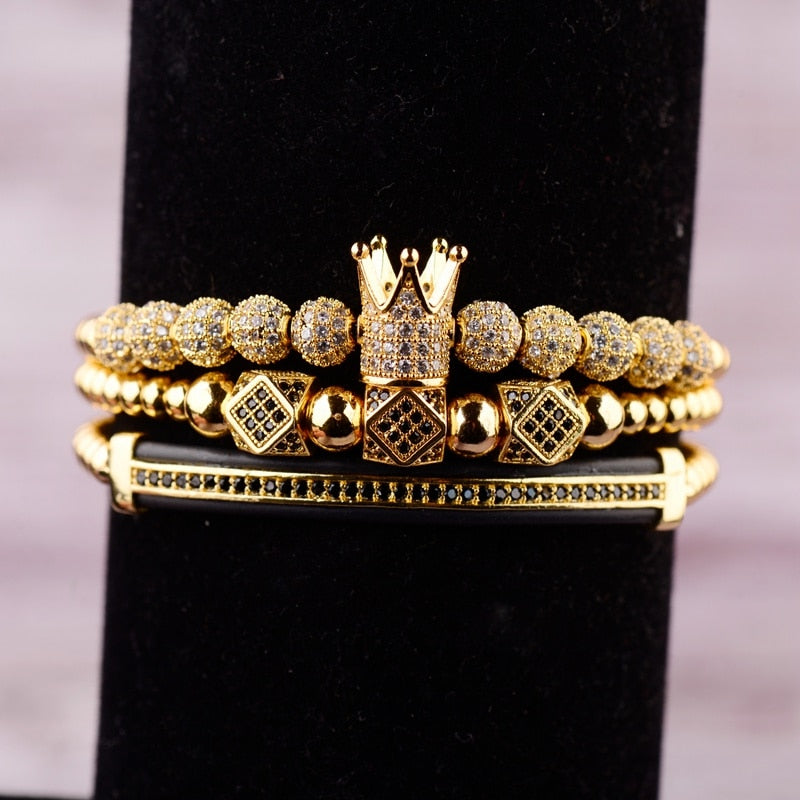 3pcs/set Luxury CZ ball Crown Charm Copper Bead Macrame Bracelets