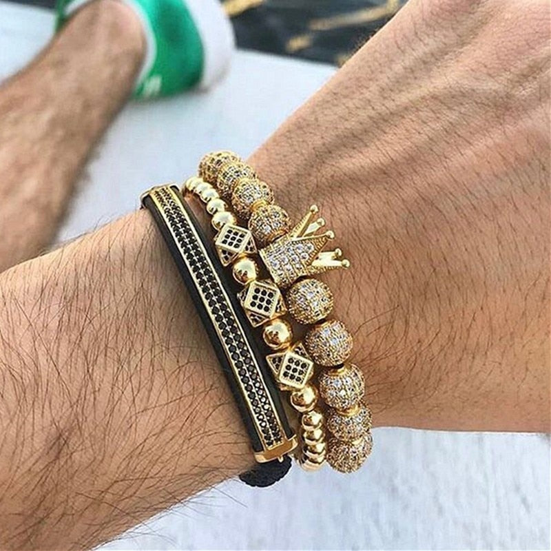 Crown Bracelet Men Charms Luxury Gold Macrame Beads