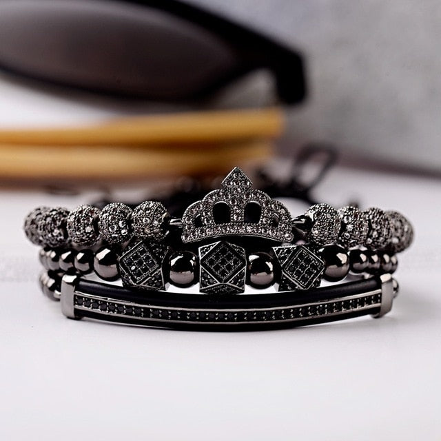 3pcs/set Luxury CZ ball Crown Charm Copper Bead Macrame Bracelets