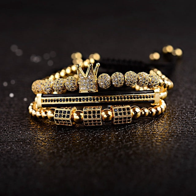 3pcs/set Luxury CZ ball Crown Charm Copper Bead Macrame Bracelets