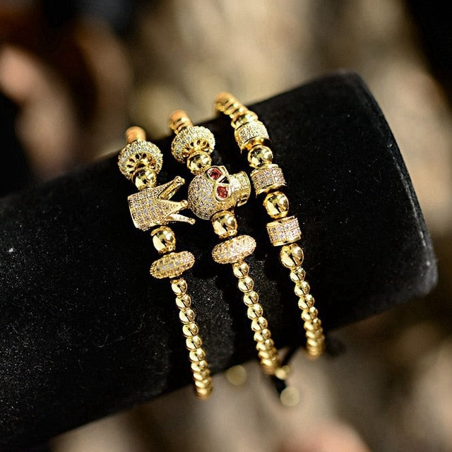 3pcs/set Luxury CZ ball Crown Charm Copper Bead Macrame Bracelets