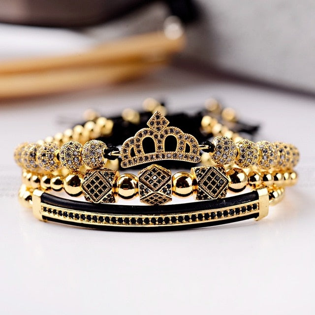 3pcs/set Luxury CZ ball Crown Charm Copper Bead Macrame Bracelets