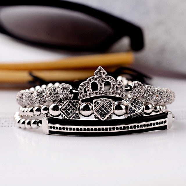 3pcs/set Luxury CZ ball Crown Charm Copper Bead Macrame Bracelets