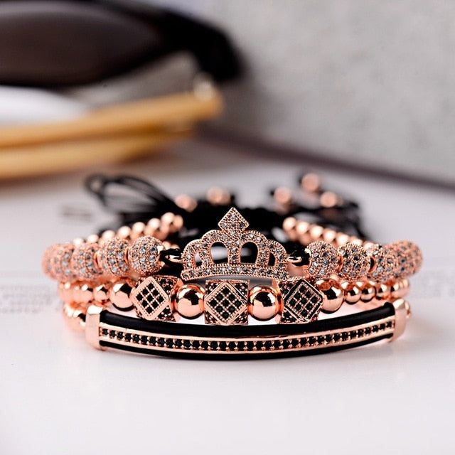 3pcs/set Luxury CZ ball Crown Charm Copper Bead Macrame Bracelets