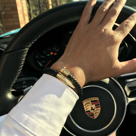 6mm Weave Genuine leather Nail Charm mens bracelet