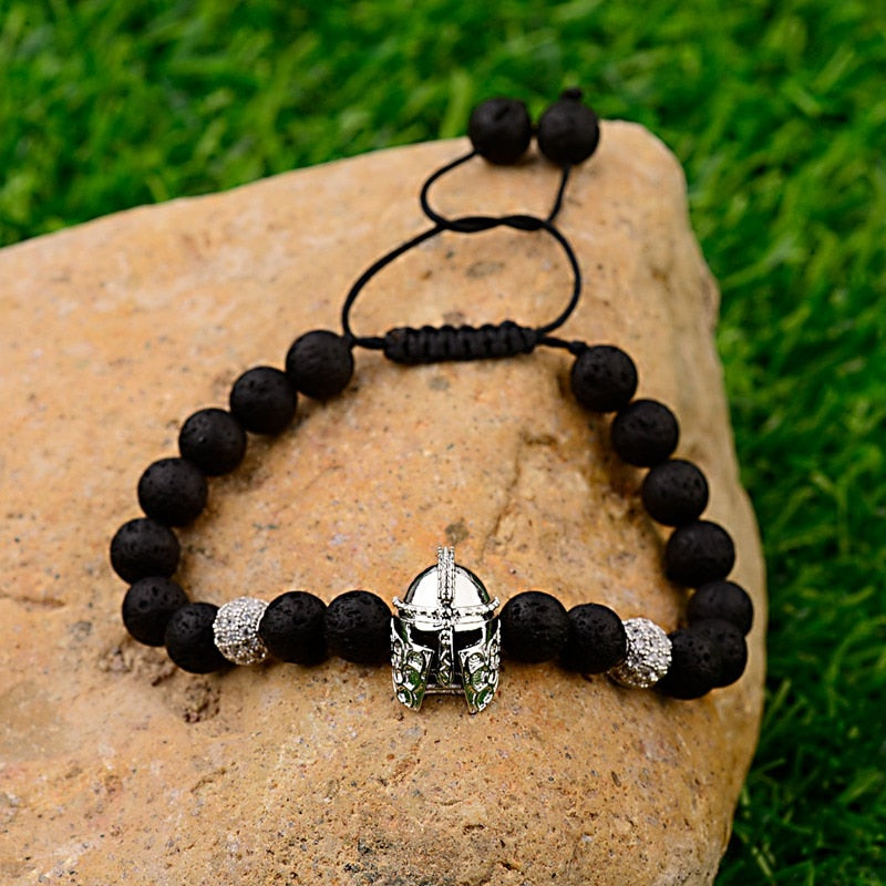 High Quality Copper Helmet&Ball Natural Black Lava Stone Beads Bracelets