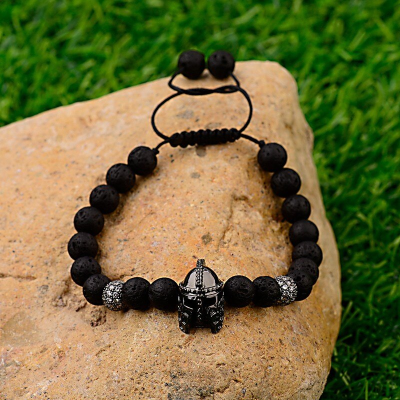 High Quality Copper Helmet&Ball Natural Black Lava Stone Beads Bracelets