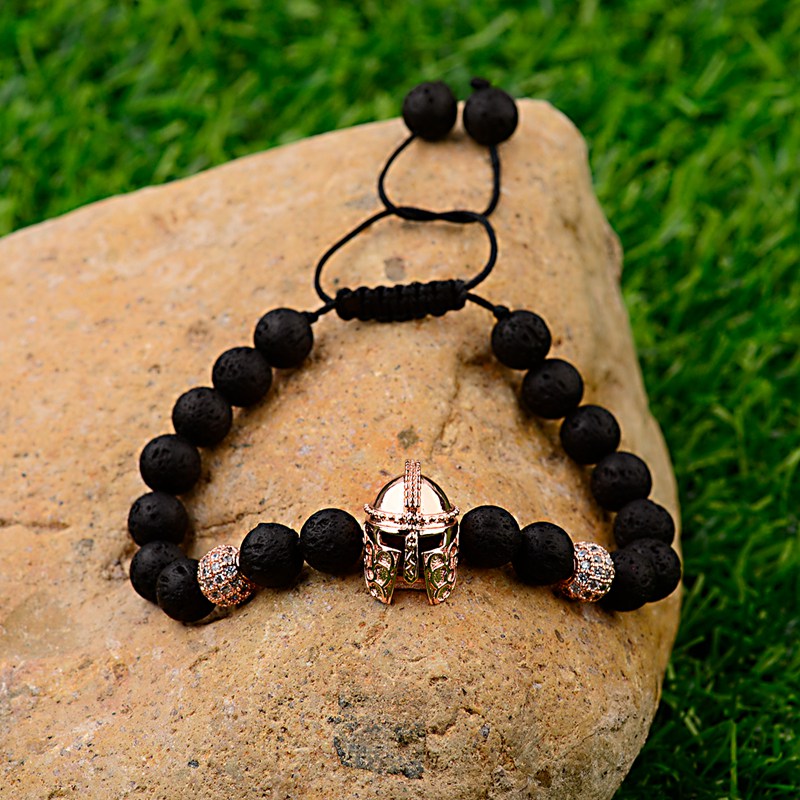 High Quality Copper Helmet&Ball Natural Black Lava Stone Beads Bracelets