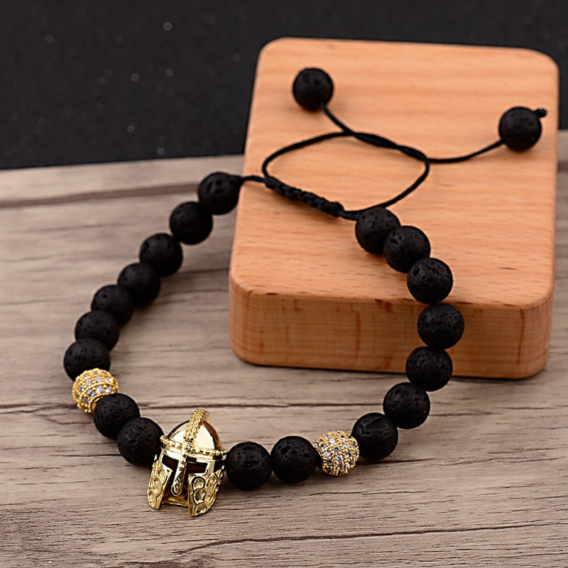 High Quality Copper Helmet&Ball Natural Black Lava Stone Beads Bracelets